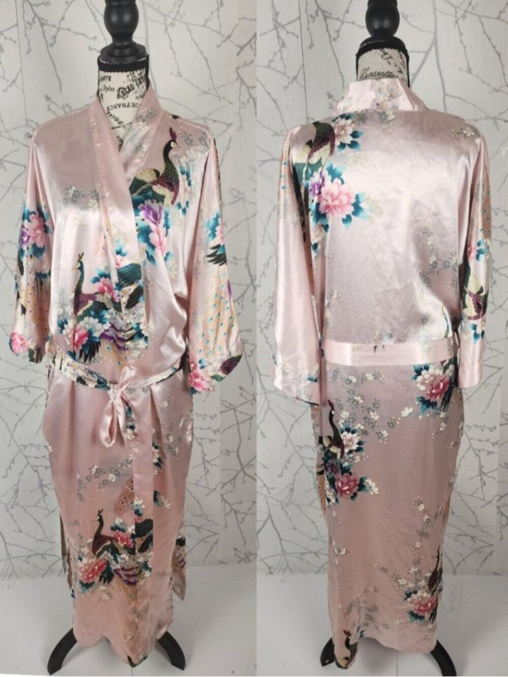 Pale Pink Floral Peacock Print Satin Belted Kimono Robe